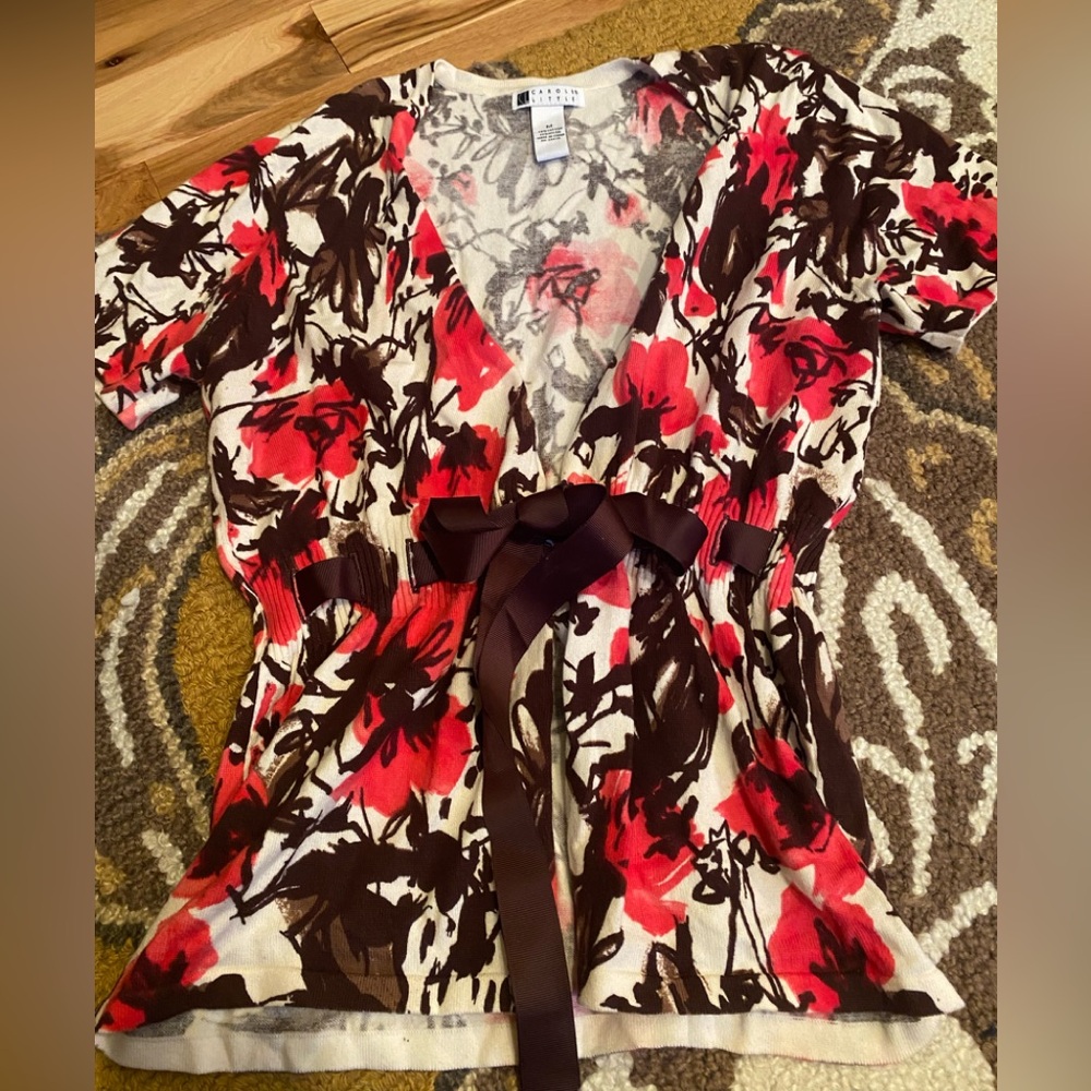 Carole Little Short Sleeve Ribbon Side Wrap with Button Sweater
